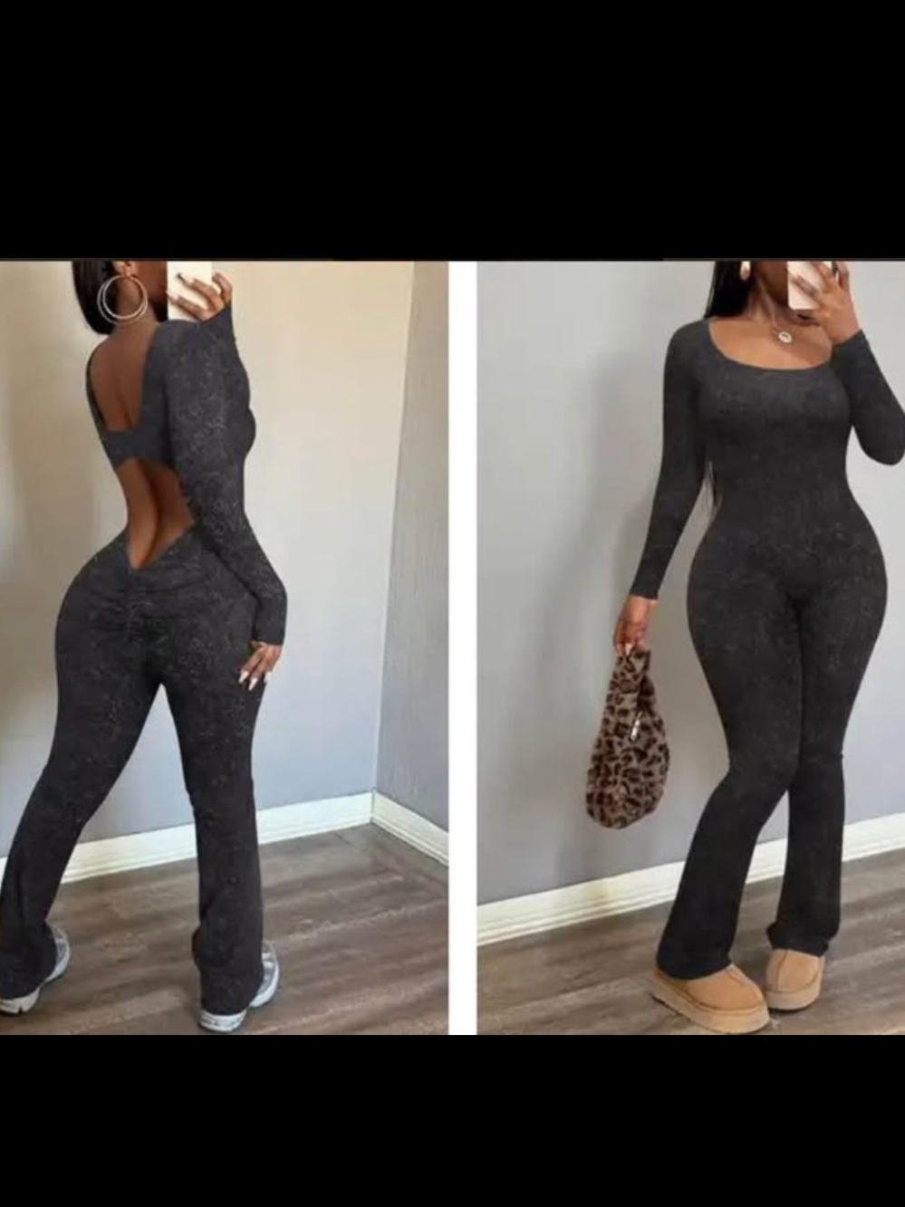 Brand New Long Sleeve Cutout Jumpsuit in Charcoal Gray. Size Medium